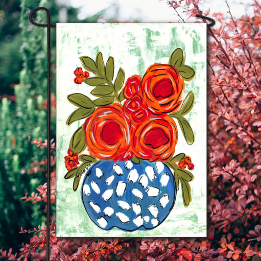 Red Floral in Blue & White Vase Garden Flag