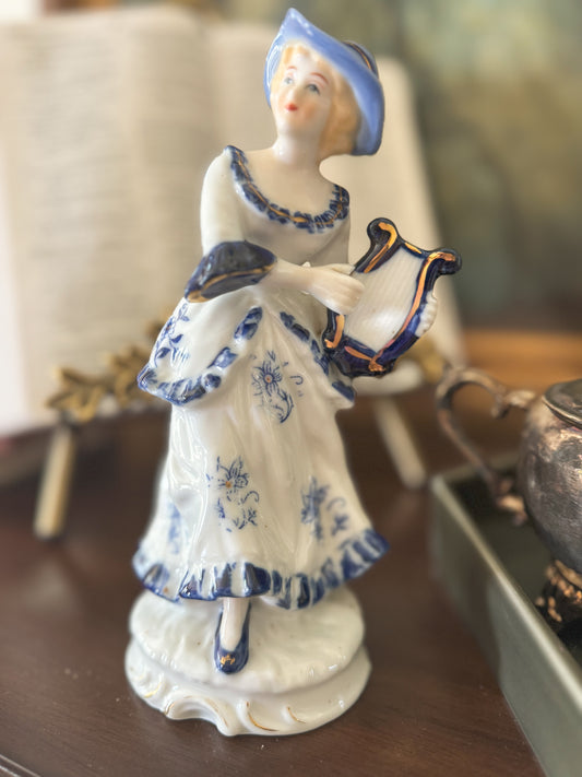Porcelain Victorian Women Playing Harp | Vintage