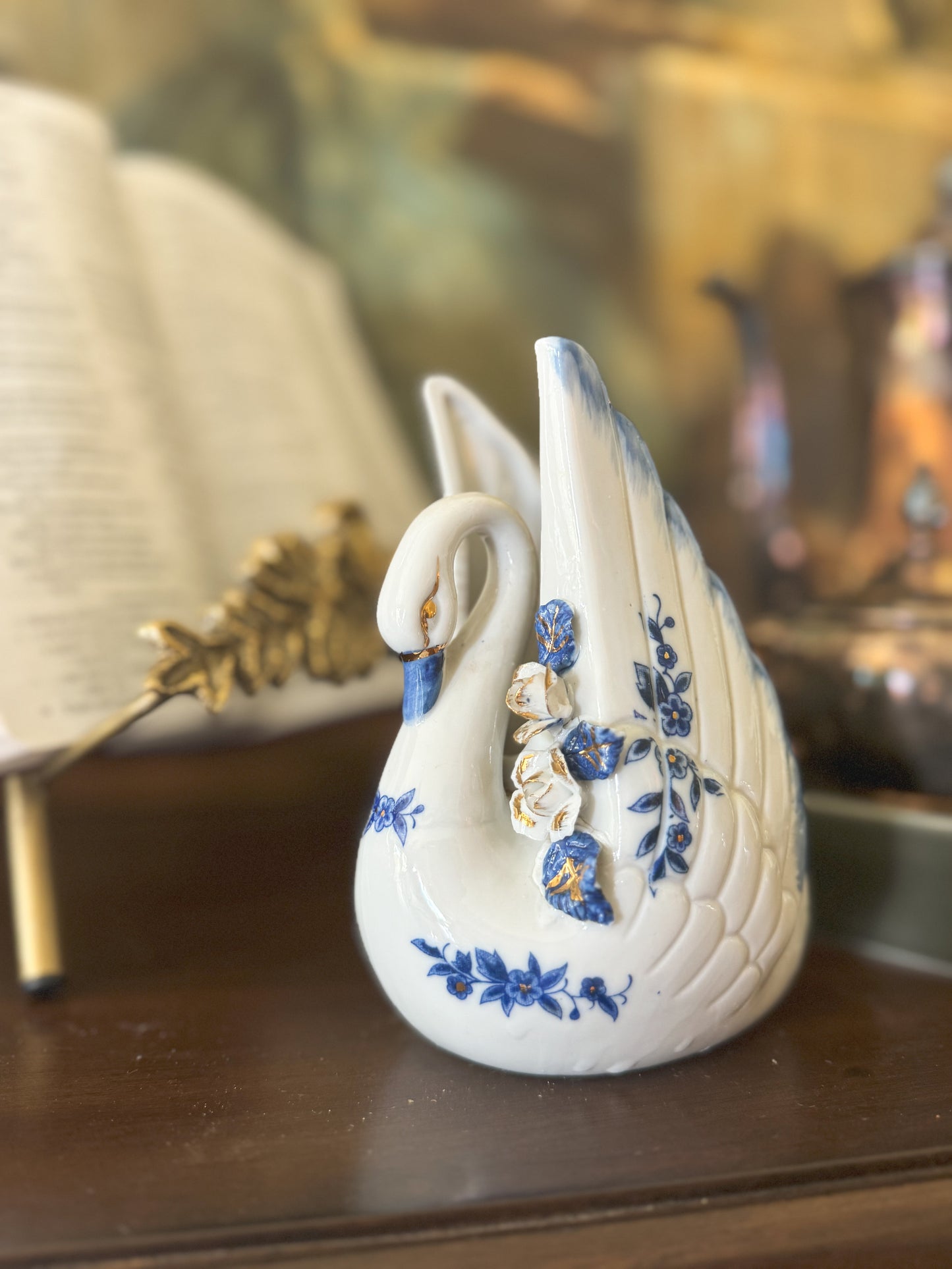Blue and White Porcelain Swan Planter | Vintage